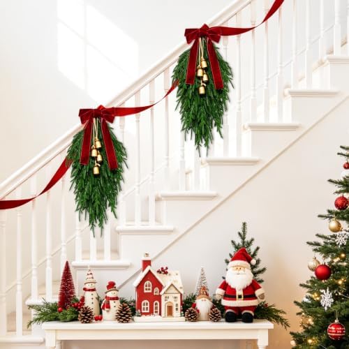 Christmas Teardrop Swag, Christmas Pine Needles Front Door Wreath,Bow Bells