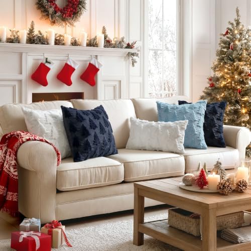 MIULEE Christmas Throw Pillow Covers Navy Blue Christmas Decorations Set of 2 Xmas Tree 18x18 Pillow Covers Soft Plush Faux Wool Pillowcases Holiday Festivals Winter Home Decor Sofa Couch Bed Porch
