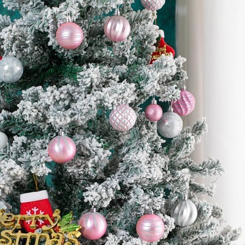 100Pcs Pink Silver Christmas Ball Ornaments Set for Tree, Assorted Shatterproof Christmas Decorations, Hanging Decor for Xmas Tree Holiday/Party/Home (Pink & Silver & White)