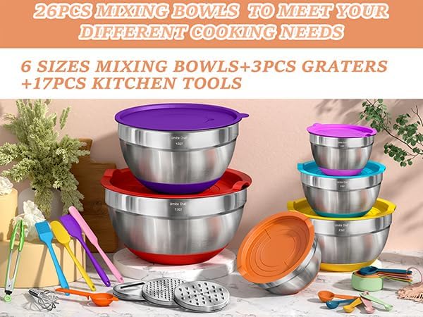 Umite Chef Thickened Heavy-Duty 26pcs Stainless Steel Bowl, Mixing Bowl Set with Lid, Grater Attachment, Colorful Non-Slip Bottom and Kitchen Gadget Set, Sizes 7, 4, 2.5, 2.0, 1.5, 1QT