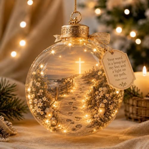 8PC Illuminated Scripture Keepsake Ornament, Lighted Hanging Decoration with Bible Verse, Religious Themed Holiday Ornament, Transparant Ball with 2D Flat Sheet for Christmas Tree Home Display，A-H