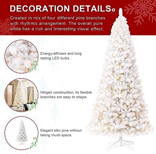 Glitzhome 10ft Pre-Lit Slim Artificial Christmas Tree, Aspen Frostfall Pine Hinged Holiday Xmas Tree with Foldable Metal Stand, 800 Warm White Lights, Ideal for Home, Office, Party Decoration