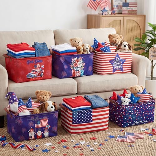 CHENGU 6 Pack 4th of July Storage Baskets Collapsible Patriotic Bins for Gifts 250th Independence Day Red Blue White Large Gnomes Basket Foldable American Flag Box with Handle for Party Bedroom Home