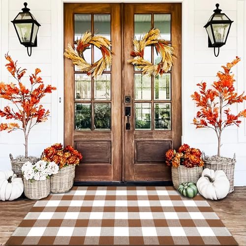 Homydecor Buffalo Plaid Outdoor Rugs, 4'x6' Coffe and White Checkered Area Rug, Layering Rug for Hello/Welcome Door Mat, Washable Cotton Woven Farmhouse Mat for Front Porch Décor