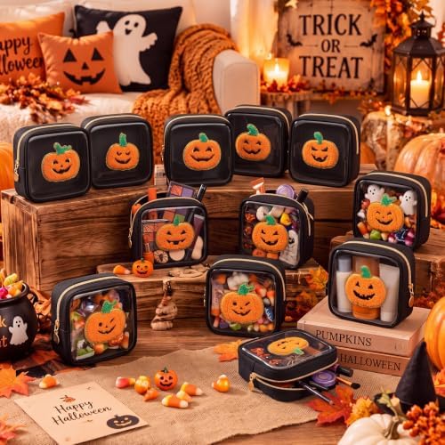 Abbylike 12 Pcs Halloween Preppy Patch Makeup Bags Bulk Polyester Holiday Makeup Bag Skincare Pouch Zipper Cosmetic Pouch Preppy Thing for Travel Halloween Women Gift (Frosted, Assorted Colors)