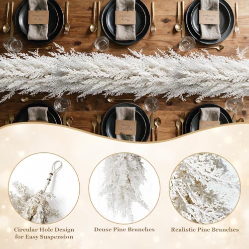 12FT White Christmas Cedar Garland, Realistic Artificial Garland, Winter Snowy Xmas Decorations Indoor Outdoor, Faux Holiday Garland for Mantle, Fireplace, Table, Door, Wedding Party Decor