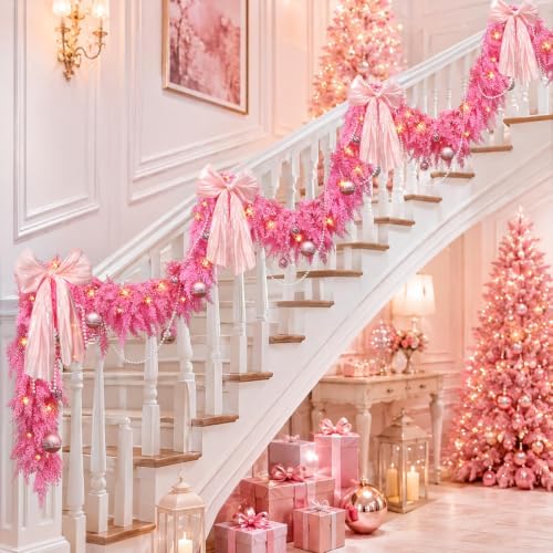 9FT Pink Christmas Garland with Lights Bow Decor Soft Preit Cedar Garland