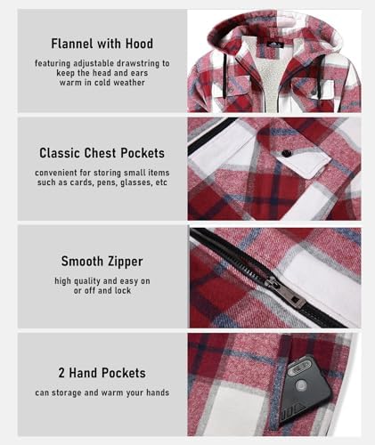 GEEK LIGHTING Men's Flannel Shirts Jacket Sherpa Lined Plaid Zipper Hoodie