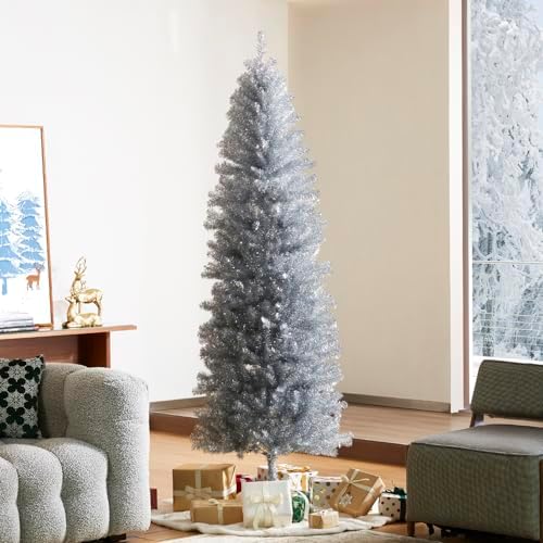 Glitzhome Pencil Tinsel Artificial Christmas Tree, 7.5ft Silver Christmas Tree with 1180 PVC Branch Tips and Foldable Metal Stand for Home Office Party Holiday Decoration