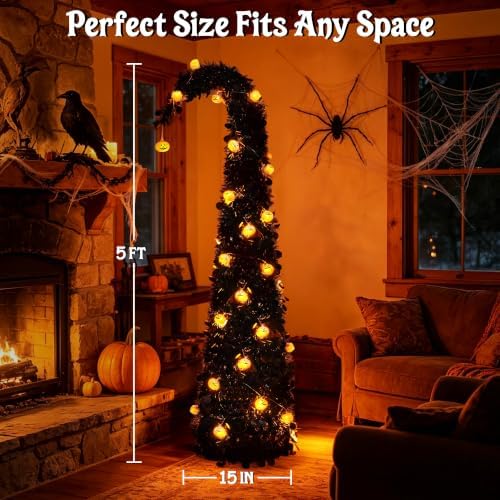 Brizled Prelit Black Halloween Tree, 5 ft Fall Tree with LED Pumpkin Lights