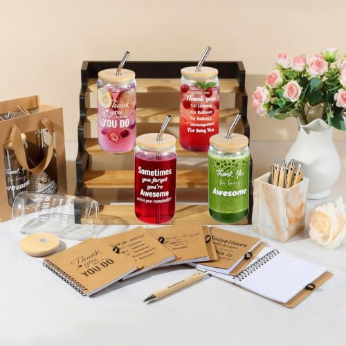 42 Pcs/6 Sets Employee Appreciation Gifts Bulk - Includes 16oz Glass Cups with Bamboo Lid, Positive Crochet, Inspirational Notebooks with Pens, Kraft Paper Gift Bags & Straw - Thank You Gifts for Coworkers, Teachers, Staff & Team