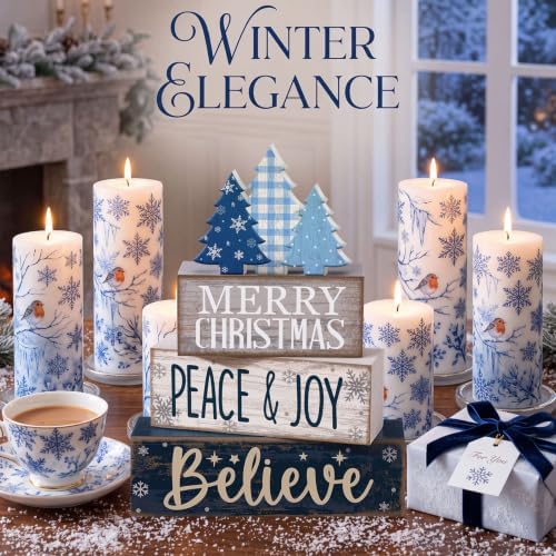 Moucuny 4 Pcs Christmas Table Decorations Blue Christmas Tree Stacked Wooden Sign Decor Rustic Winter Tiered Tray Decor Blue and White Xmas Table Centerpiece Farmhouse for Home Kitchen Shelf