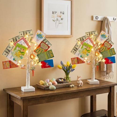 PEIDUO Set of 2 Money Trees, Lighted 22Inch 24LT White Birth Tree with Clips and Greeting Cards, Gift Card Holder for Birthday,Christmas, Wedding, Father's Day Graduation Gifts, Money Tree Gift Holder