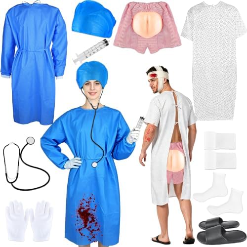 13 Pcs Halloween Couples Costume Surgeon Doctor and Patient Costume Hospital Cosplay Outfit for Adult Halloween Cosplay Medical Themed Party Events