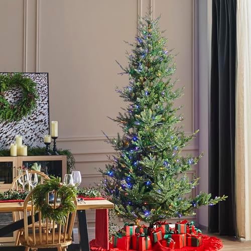 Glitzhome Artificial Christmas Tree, 9ft Prelit Hinged Slim Fir Vibrant Ascend Evergreen Xmas Tree with 700 Warm White and Multi-Color LED Lights, 9 Function w/Foot Pedal and Remote Control