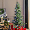 Glitzhome Artificial Christmas Tree, 9ft Prelit Hinged Slim Fir Vibrant Ascend Evergreen Xmas Tree with 700 Warm White and Multi-Color LED Lights, 9 Function w/Foot Pedal and Remote Control