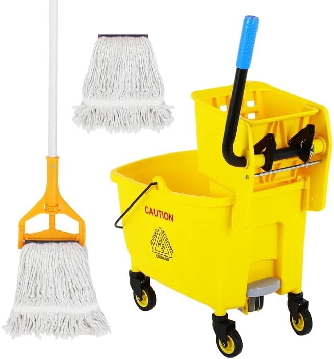 35 Qt Commercial Mop Bucket with Side Press Wringer on Wheels, Mop and Bucket Set, Add One Industrial Mop and One Mop Head Replacement