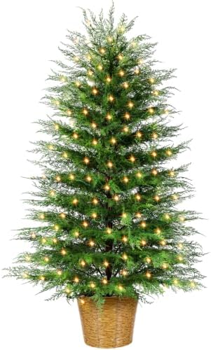 ENVEN 5FT Prelit Artificial Cedar Christmas Tree with Lights Plug in Power, Faux Cedar Potted Christmas Tree in Decorative Wicker Basket, Realistic Indoor Outdoor Holiday Decoration