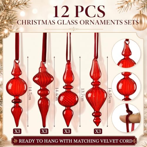 12 Pcs Vintage Glass Finial Christmas Ornaments, Burgundy Red