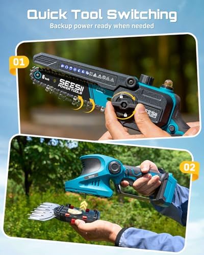 SEESII 4-in-1 Electric Mini Chainsaw, Battery Hedge Trimmer & Pruner Combo