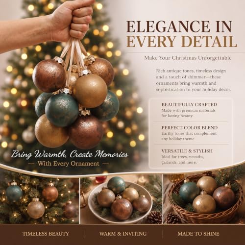 Yunlly 12 Pcs Neutral Christmas Ornament, Brown Copper Sage Green, 3.15''
