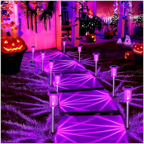DenicMic Solar Halloween Lights Outdoor 15 Pack Purple LED Halloween Decor
