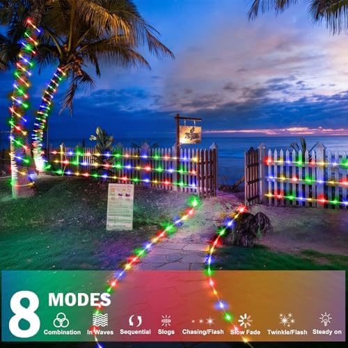 KNONEW Solar Rope Lights Outdoor 300LED 50FT Solar String Lights Outside Waterproof with Modes Clear Thin Tube for Pool Tree Patio Garden Fence Camping Yard Deck Trampoline（Multicolor）