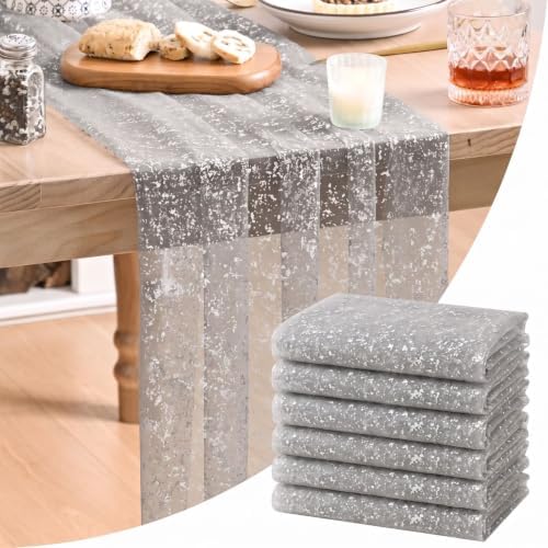 Artoid Mode 6PC Grey Gold Gauze Table Runner 120 Inch 10FT, Glitter Metallic Foil Sheer Dining Wedding Anniversary Holiday Birthday Table Decor for Home Party