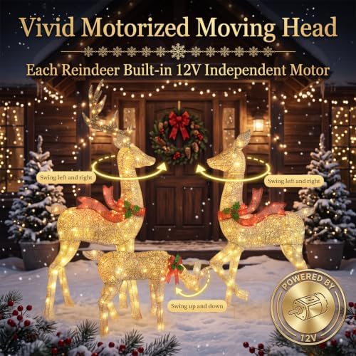 5.2FT Animatronic Christmas Reindeer Family Set - 3Pcs Large Lighted Christmas Deer with 300 LEDs & 3 Motors, Moving Heads and Stakes for Christmas Decorations Outdoor Yard - Gold