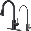FORIOUS Kitchen Faucet and Water Filter Faucet Combo, Black Stainless Steel Bar Faucet Pull Down Sprayer and Drinking Purifier Faucet for Kitchen Sink RV Farmhouse Camper