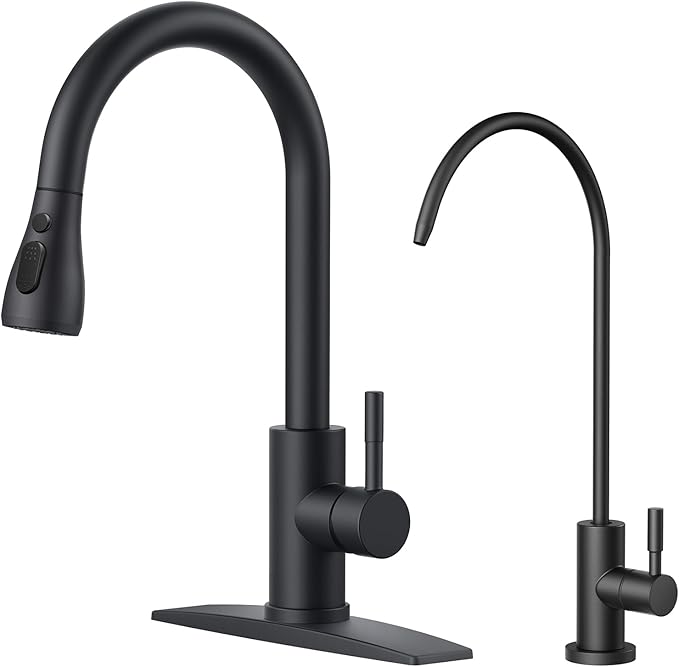 FORIOUS Kitchen Faucet and Water Filter Faucet Combo, Black Stainless Steel Bar Faucet Pull Down Sprayer and Drinking Purifier Faucet for Kitchen Sink RV Farmhouse Camper