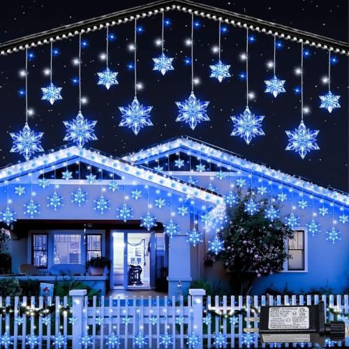 Christmas Snowflake Lights Outdoor, 17.22ft 264 LED Snowflake Icicle Lights with 22 Drops, 8 Modes connectable Plug In Christmas Light Waterproof for Eaves, Garden, Indoor & Outdoor Decor (Blue)