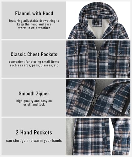 GEEK LIGHTING Men's Flannel Shirts Jacket Sherpa Lined Plaid Zipper Hoodie