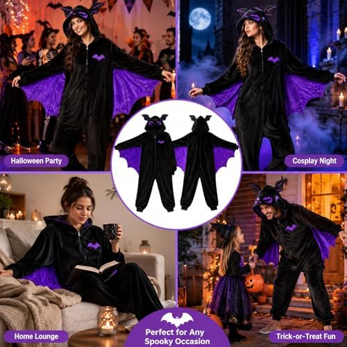 Adult Bat Costume Pajamas Flannel Hooded Onesie with Wings for Halloween
