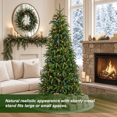 Glitzhome Prelit Christmas Tree, 6ft Slim Christmas Tree, Hinged Artificial Tree Radiant Evergreen Fir with 250 Warm White/Multi-Color LED Lights,9 Function w/Remote Control,Easy Assembly
