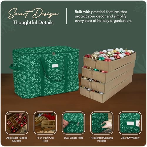 Covermates Keepsakes Adjustable Ornament Storage Bag – Heavy-Duty Polyester, Padded Dividers & FlexGrid Trays – Protective Holiday Ornament Organizer with Handles & Label Window, Green Snowflake