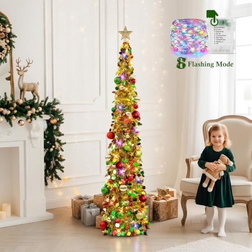 N&T NIETING Pop Up Christmas Tree with Lights & Ornaments, 6FT, Gold