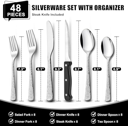 49-Piece Silverware Set with Organizer, Food-Grade Stainless Steel Flatware for 8, Cutlery Utensil Sets with Steak Knives, Rust-proof, Mirror Polished, Dishwasher Safe, Silver Tree Pattern