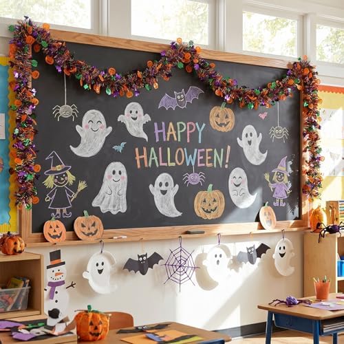 50 Ft Halloween Tinsel Garlands,Funny Pumpkin Bats Spider and Web Shiny Metallic Twist Foil Tinsel Garland Hanging Holiday Decorations for Home Indoor Outdoor Festivities Party Decor