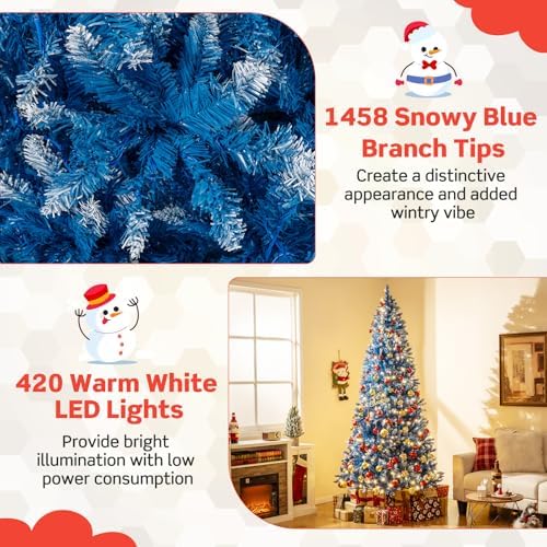 HAPPYGRILL 8 FT Pre-lit Christmas Tree Blue Hinged Artificial Xmas Tree with 420 Warm White LED Lights, 8 Modes, 1458 Frosted Branch Tips, Folding Metal Base, for Home Party Holiday