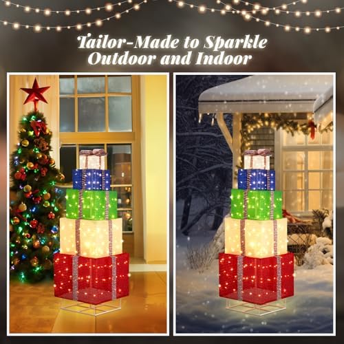 VINGLI 6FT Christmas Lighted Gift Boxes Decorations with Plug, Light up Present Boxes Ornament with Pre-lit LED Lights Pre-Secured Bowknot for Indoor or Outdoor Christmas Decorations, Colorful