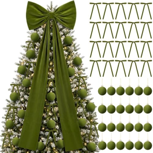 49 Pcs Moss Green Christmas Tree Decoration Set with Velvet Bow Ball
