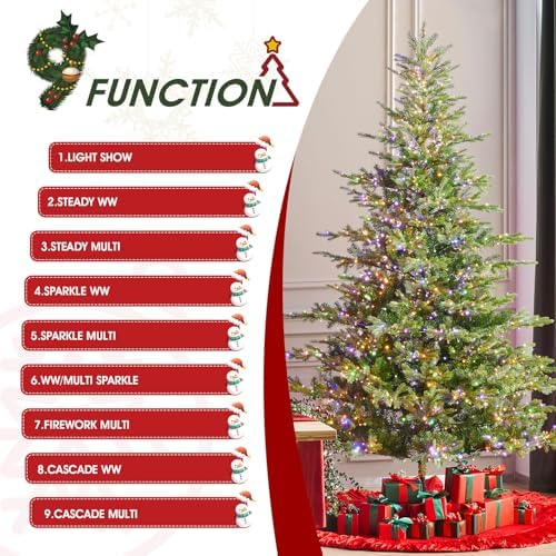 Glitzhome Artificial Christmas Tree, 9ft Vibrant Evergreen Fir Christmas Trees Prelit with 2,000 Warm White/Multi-Color Lights, 9 Function w/Foot Pedal and Remote Control, Easy Assembly