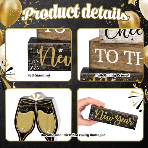 Moucuny 4 Pcs New Year Wooden Block Signs Farmhouse Table Centerpiece