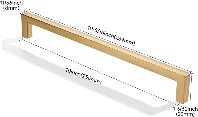 khtumeware 10 Pack 10 inch(256mm) Hole Center Brushed Brass Cabinet Pulls Solid Heavy-Duty Square Satin Brass Cabinet Handles Drawer Pulls Kitchen Cabinet Hardware Kitchen Handle