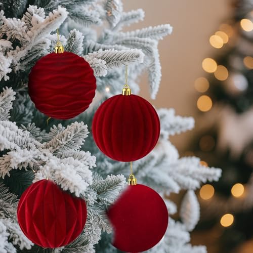 Liliful 4 Inch 12 Pcs Velvet Christmas Ornaments Balls, Wine Red