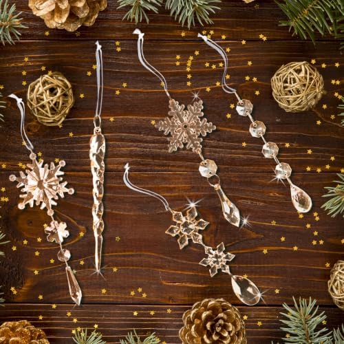 GuassLee 36pcs Crystal Christmas Tree Ornaments - Champagne Color Acrylic Snowflake Icicle Drop Crystal Hanging Ornaments for Christmas Tree Wonderland Frozen Themed Birthday Party Decor