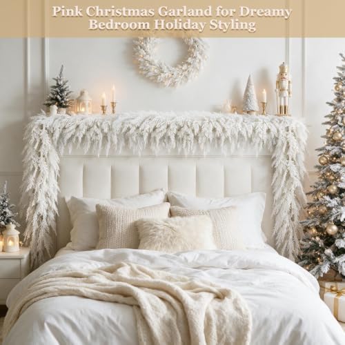 12FT White Christmas Cedar Garland, Realistic Artificial Garland, Winter Snowy Xmas Decorations Indoor Outdoor, Faux Holiday Garland for Mantle, Fireplace, Table, Door, Wedding Party Decor