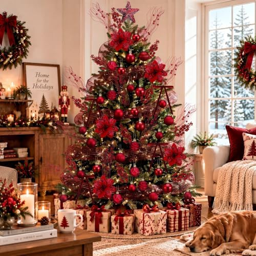 77 Pcs Christmas Tree Decorations Star Topper Ornaments Artificial Poinsettia Flowers Claret Balls Velvet Bow Berry Picks Christmas Tree Hanging Ornaments for Xmas Home Office Decorations