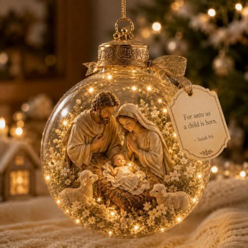Illuminated Scripture Keepsake Ornament, Lighted Hanging Decoration with Bible Verse, Religious Themed Holiday Ornament, Transparant Ball with 2D Flat Sheet for Christmas Tree Home Display，G